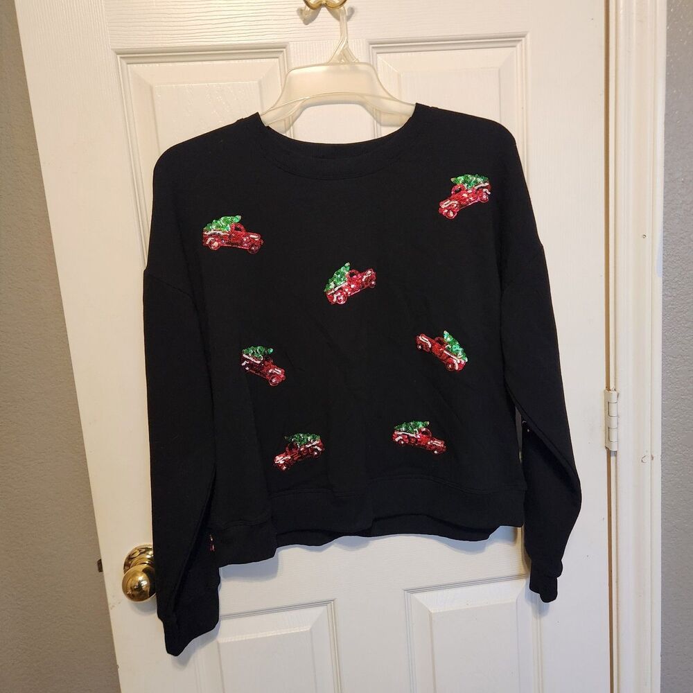 Marled Womens XL Black Christmas Sweater Sequin Red Truck Tree Holiday